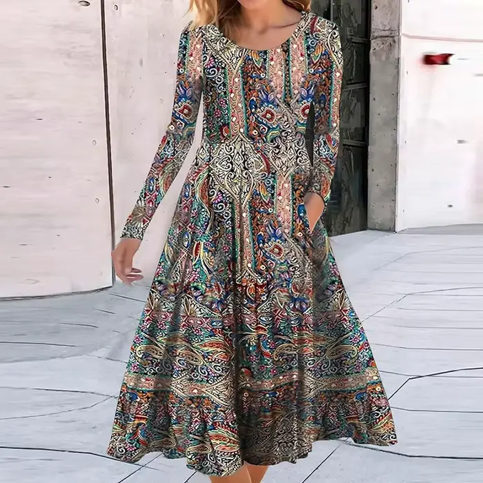 Robe bohème à manches longues et col rond pour femmes, robe maxi imprimée vintage, mode élégante, au