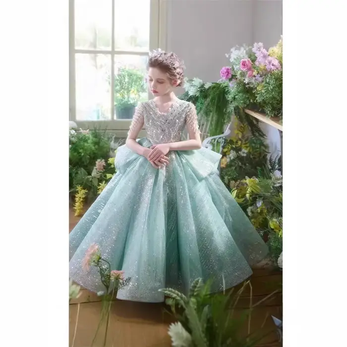 Robe formelle élégante pour filles robe de soirée verte à fleurs petite robe de Piano pour mariage anniversaire concours de princesse enfants filles occasion spéciale
