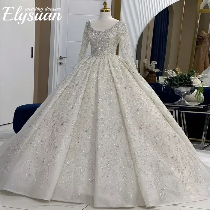 Robes de mariée de luxe personnalisées, manches longues, ivoire, arabe, dubaï, perles de cristal, ro