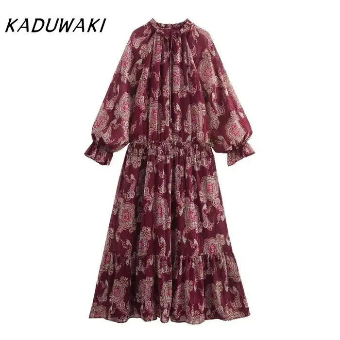 KADUWAKI femmes Robe longue mode vacances Style lanterne manches à lacets cou robes mi-longues bohèm