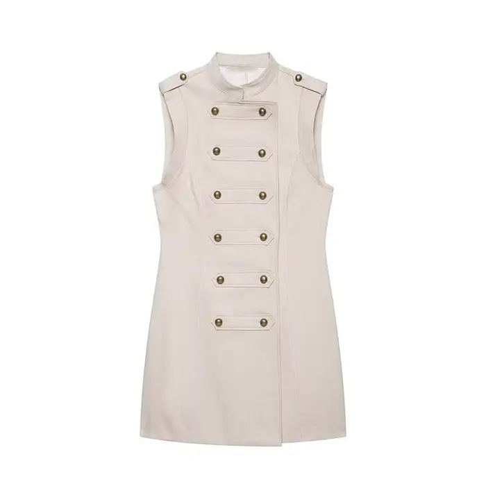 KONDALA Chic Khaki Straight Woman Cool Mini Dresses Fashion 2026 Summer Double Breasted Dress Sleeve