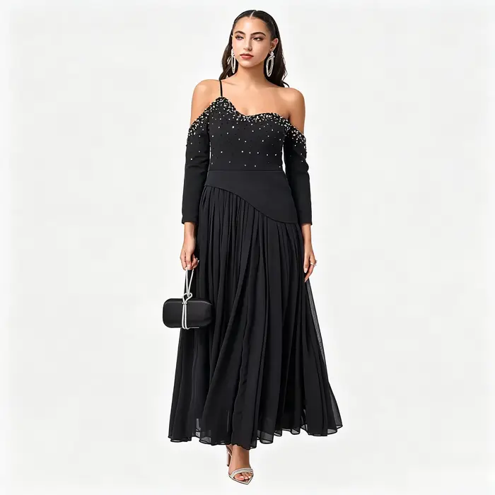Robe de cocktail avec décolleté asymétrique épaules dénudées, fines bretelles, manches longues et co
