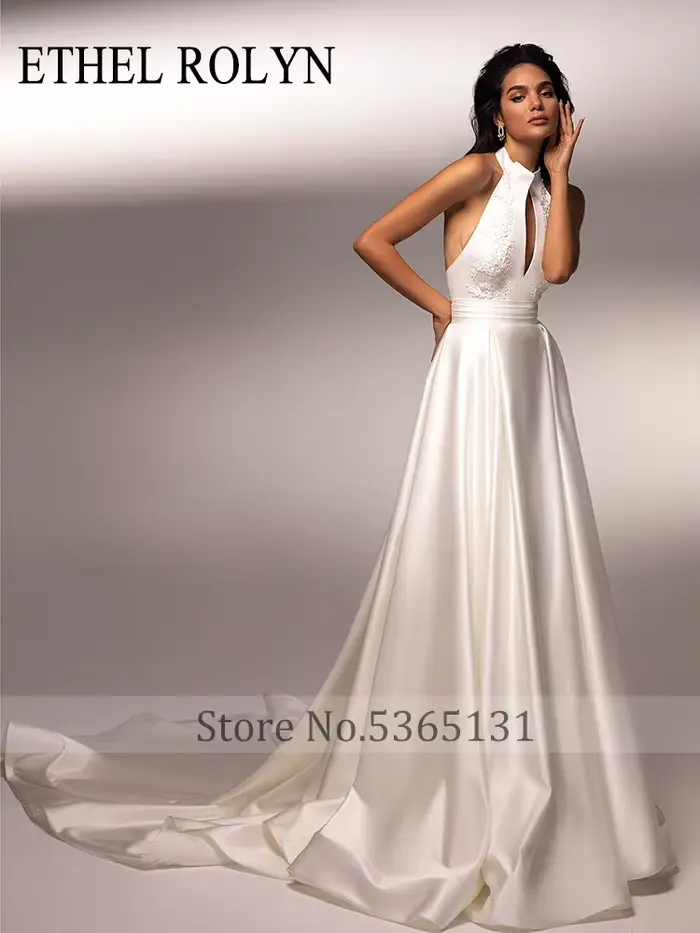 ETHEL ROLYN ivoire élégant Satin robe De mariée romantique Simple col rond