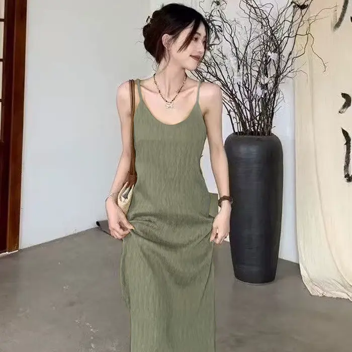 Robe longue d'été de style français pour femmes, bretelles réglables, coupe ajustée, robe maxi fluid