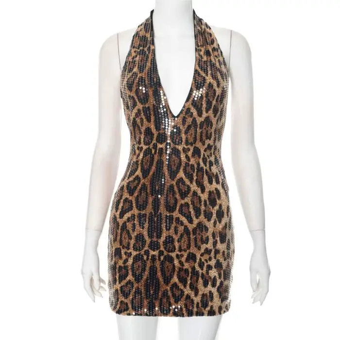 Robe sexy junior printemps automne imprimé léopard col en V paillettes extensible mince pull dos nu licou cou paquet hanche sans manches sauvage style rue