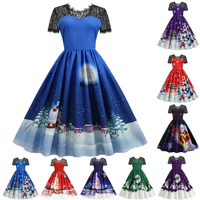 Robe de Noël pour femme élégante vintage taille haute décontractée imprimée en dentelle pour soirée festive et cérémonie d'hiver