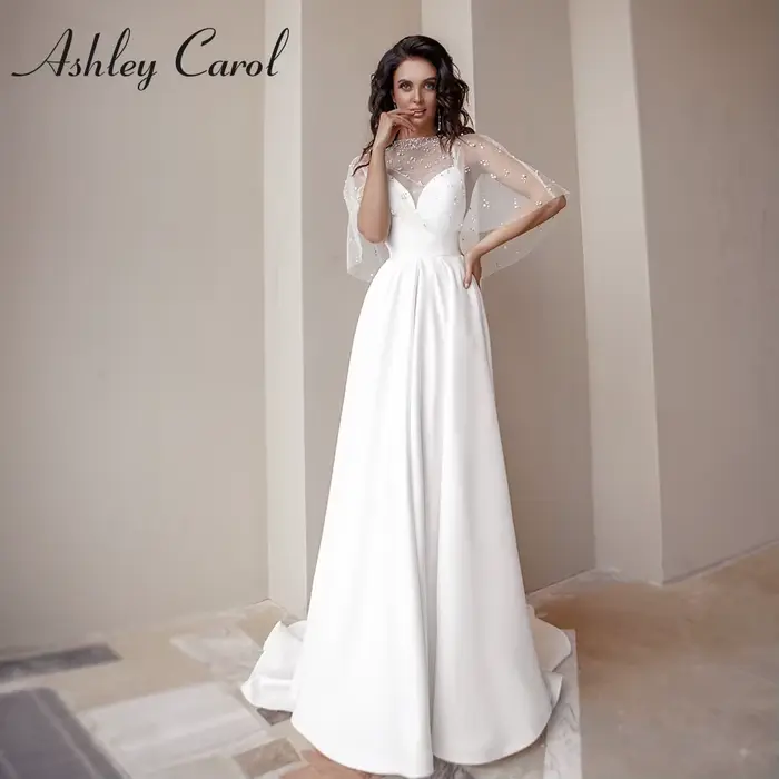 Ashley Carol-Robe de Mariée Trapèze en Satin, Bretelles Spaghetti, Perles, Élégante, Croisée avec Sh