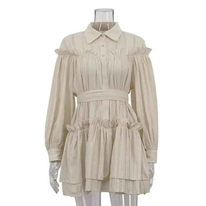 Robe chemise élégante à manches lanternes, taille auto-cravate, ourlet à volants, Mini robes de vaca