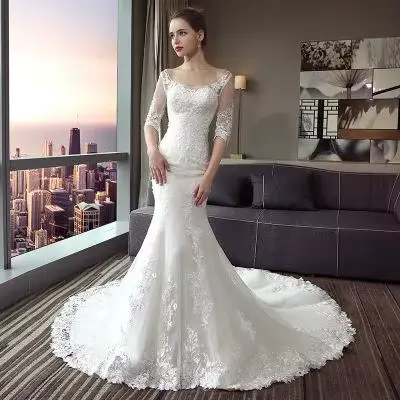 Robe de mariée sirène à lacets pour les patients, demi-manches, col rond, train de cour, trompent, r