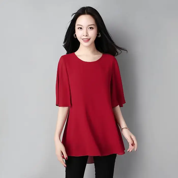 Grande taille été femmes col rond en mousseline de soie Blouse demi manches bureau dame chemise décontractée Feminina Camisas Blusas