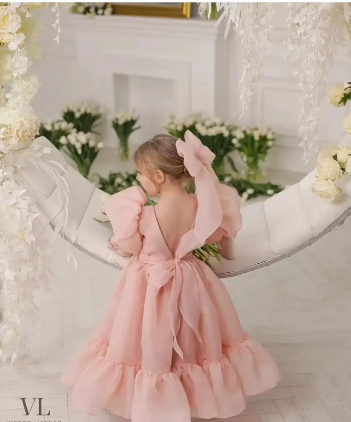 Robe de soirée en organza rose pour mère et fille élégante à volants pour soirées officielles et photoshoots