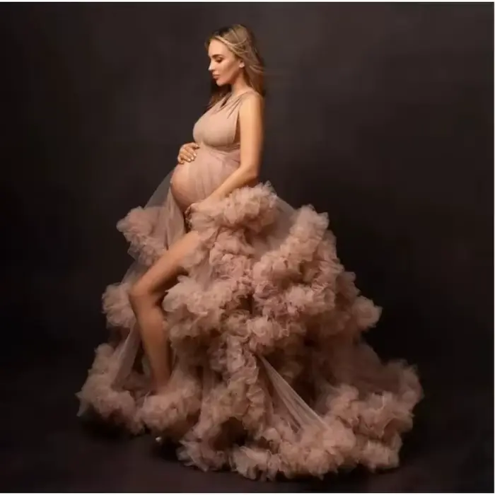 Robe de mariée de maternité - Chemise de nuit longue sexy en tulle à volants pour séance photo de grossesse