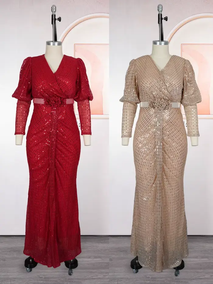Robes longues élégantes à manches longues pour femmes, robes de soirée de luxe à sequins, robes de m