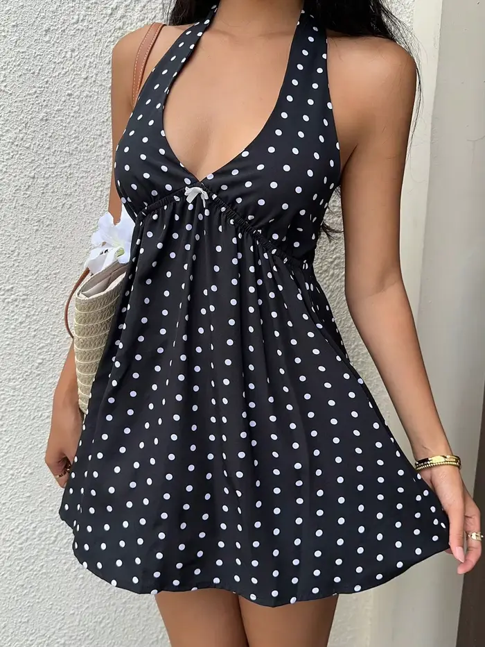Robe de vacances noire à pois et col licou avec jupe courte et nœud papillon pour femmes, élégante et sexy, ajustée et évasée, idéale pour toutes les saisons et occasions