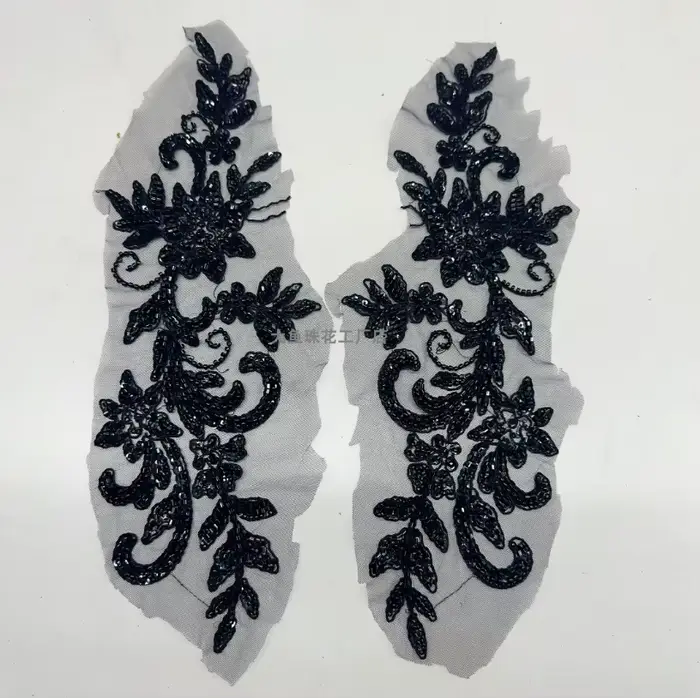 Accessoires de robe en maille de perles noires et champagne, appliques de corsage de dentelle décoratives, perles initiées trempées, miroir, 2 paires