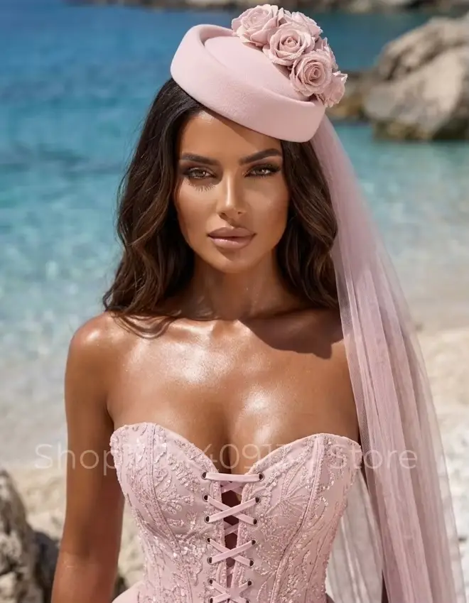 Robe de mariée sirène rose romantique en dentelle avec corset pour la plage personnalisée pour femmes occasions spéciales