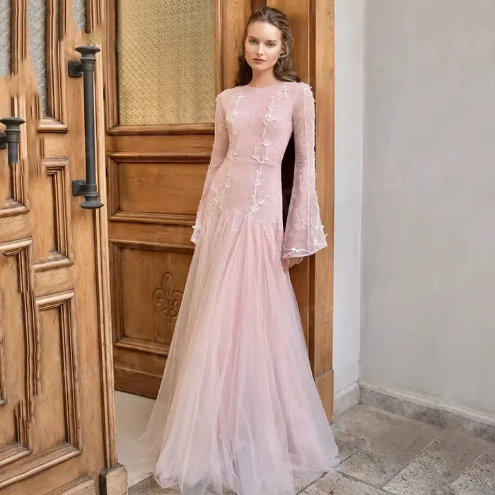 Jolies robes De soirée sirène rose pour femmes, robes De bal à manches longues, en dentelle personna