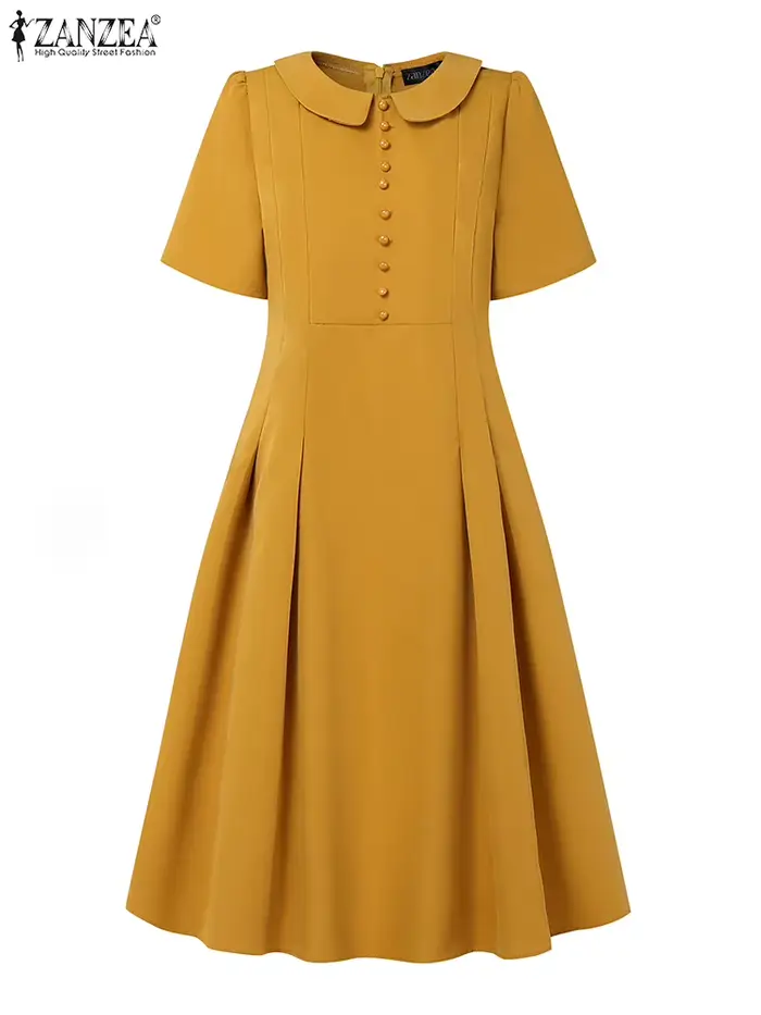 Robe d'été ZANZEA élégante à manches courtes pour femmes occasions spéciales polyester mi-mollet style bureau femme