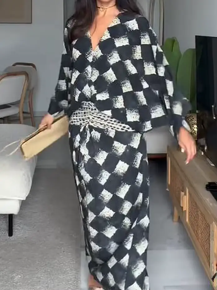 Robe longue décontractée à manches chauve-souris et patchwork
