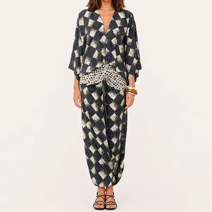 Robe longue décontractée à manches chauve-souris et patchwork, robe de soirée ample à col en V pour