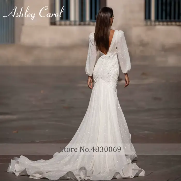 Ashley Carol-Robes de mariée sirène à manches bouffantes