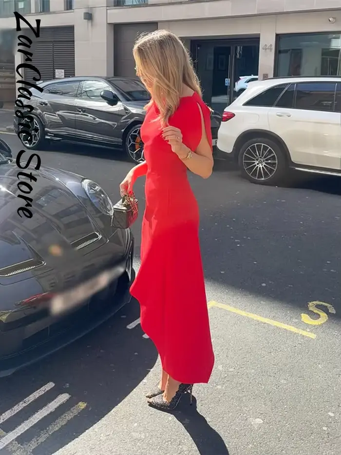 Nouvelle Robe d'été asymétrique rouge élégante à col rond