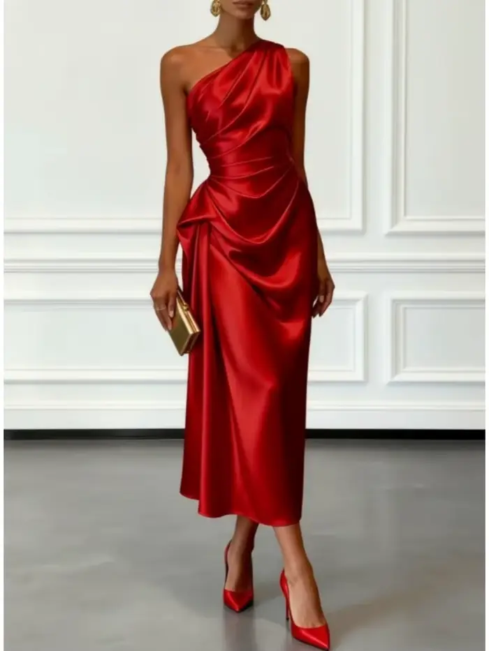 Robe midi en satin à une épaule avec taille froncée