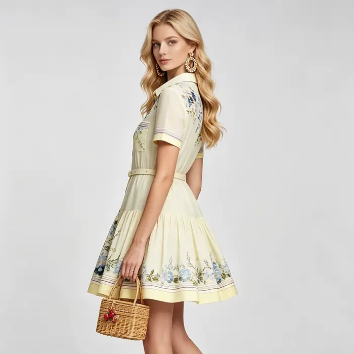 Robe courte à imprimé floral pour femmes, col rabattu, manches courtes, silhouette élégante, été, occassions spéciales