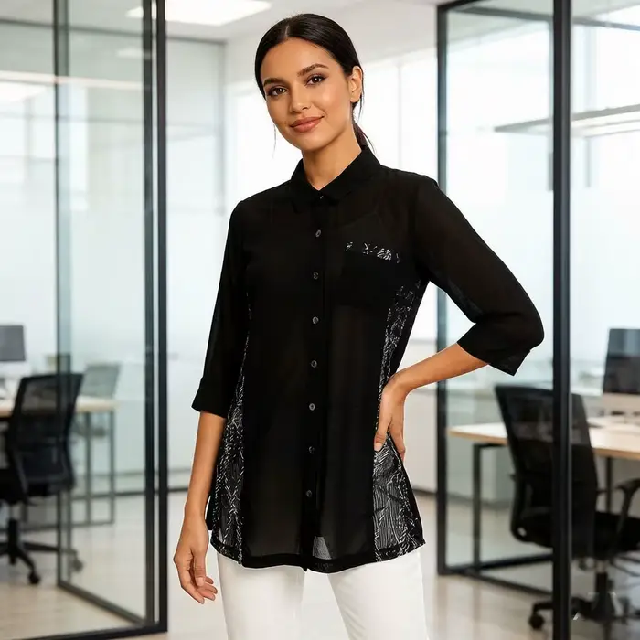 Robe chemise noire pour femme avec panneau imprimé latéral, chemisier long, col à revers vintage, ourlet asymétrique, coupe décontractée ample pour femmes occassions décontractées printemps automne