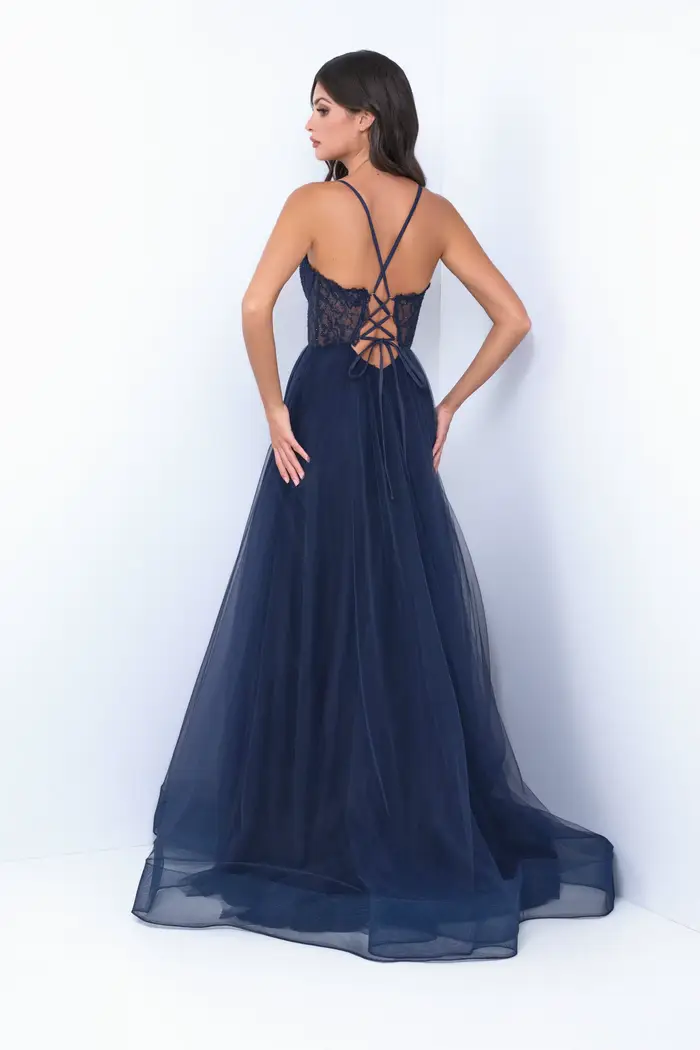Robes de soirée en tulle chic avec dentelle, bretelles spaghetti, sequins, col en V, coupe trapèze, fente haute, pour fiançailles et bal de promo