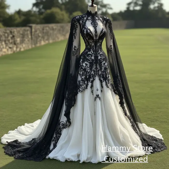 Robe de mariée gothique en dentelle noire avec appliques personnalisables col haut manches chauve-souris train de balayage pour cérémonies sombres et soirées de gala