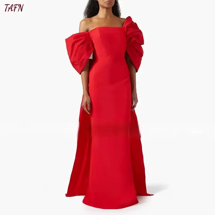 TAFN – robe de soirée formelle rouge moderne, épaules dénudées, plissée, avec nœud, style trompette,