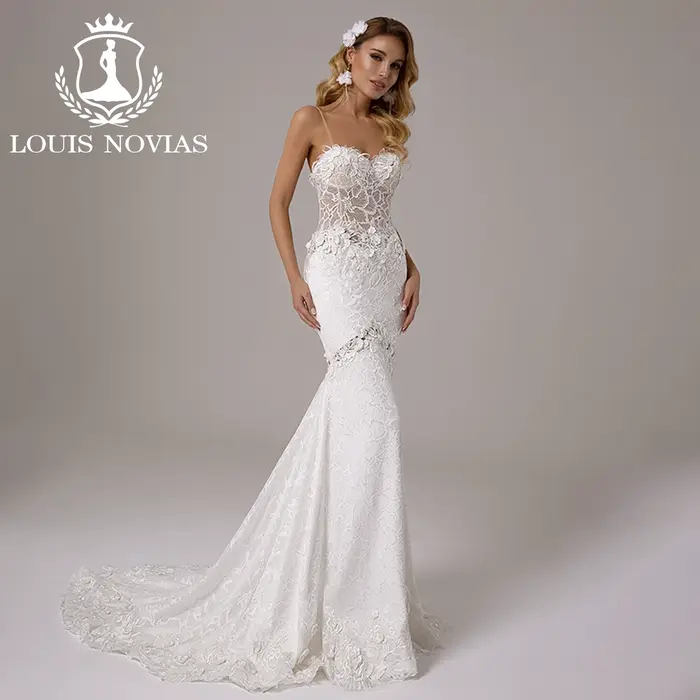 LOUIS NOVIAS robe De mariée sirène romantique bretelles Spaghetti fleurs 3D Appliques Illusion robe 