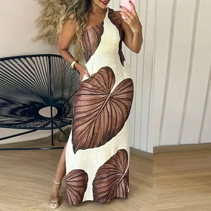 Robe longue élégante sans manches pour femmes, Sexy, Slim, fendue, robes de soirée de plage, imprimé