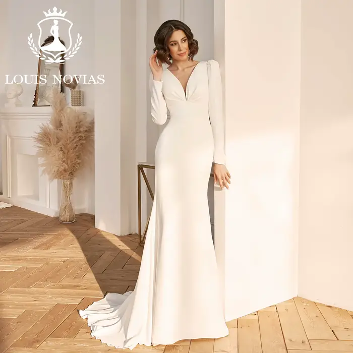 Modiis-Robes de mariée sirène en satin sexy, manches longues, col en V, dos nu, bouton, gaine drapée