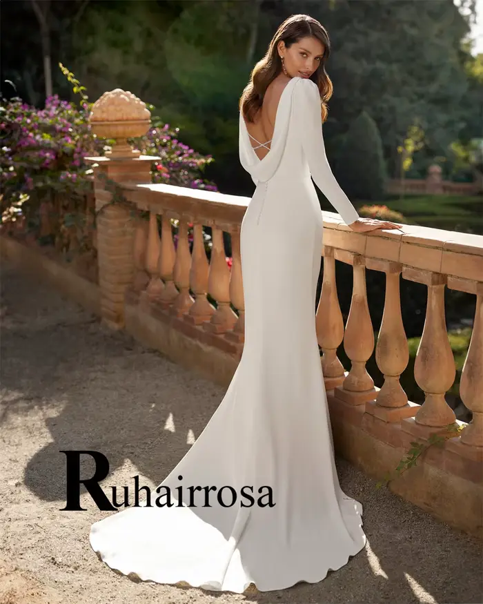 Ruhair Chic Robe De mariée pour femmes col carré sirène bouton Satin Appliques manches bouffantes