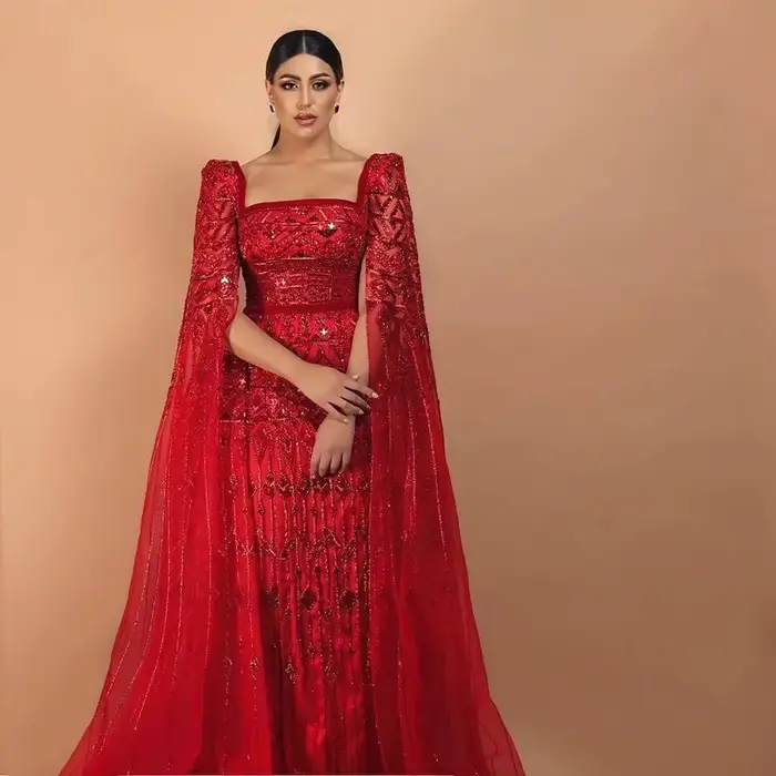 Sharon Said luxe vin rouge arabe bordeaux robe de soirée avec manches Cape 2026 femmes robes