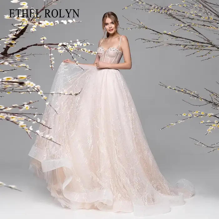 ETHEL ROLYN a-ligne robes De mariée pour femme bretelles Spaghetti Appliques scintillant Tulle rose 