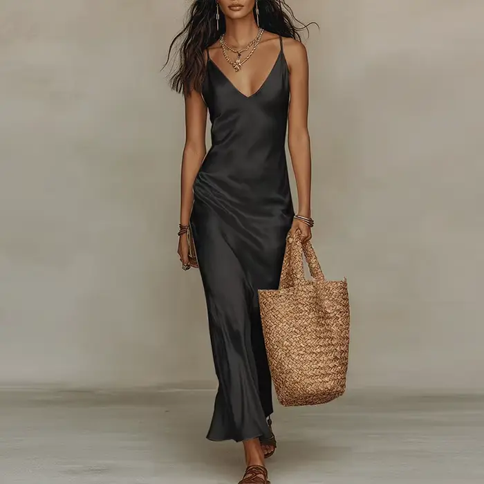 Nouvelle Robe Longue Maxi Femme Été Bohème Plage Col V Profond Sexy en Satin Uni Sans Manches Évidée
