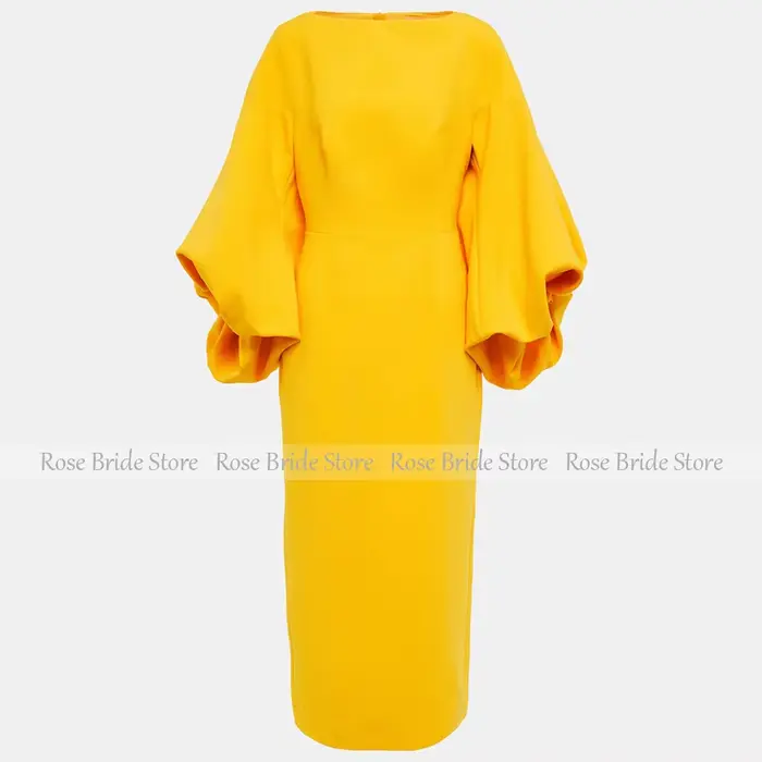 Robe de cocktail personnalisée jaune mangue col bateau manches bouffantes coupe colonne longueur thé pour femmes occasions spéciales