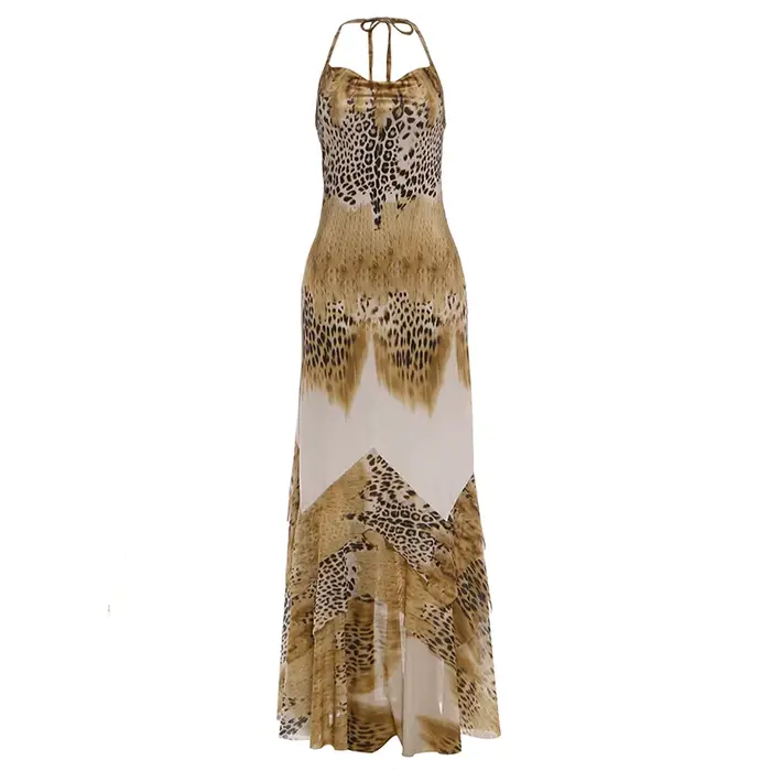 Robe longue moulante Kliou imprimé léopard sexy pour femme, dos nu, sans manches, à lacets, style mo