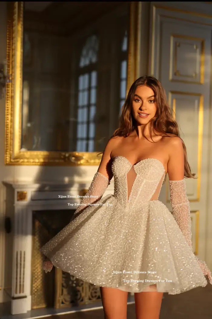 Xijun paillettes robes de mariée courtes chérie sans manches a-ligne robe de bal événement formel Co