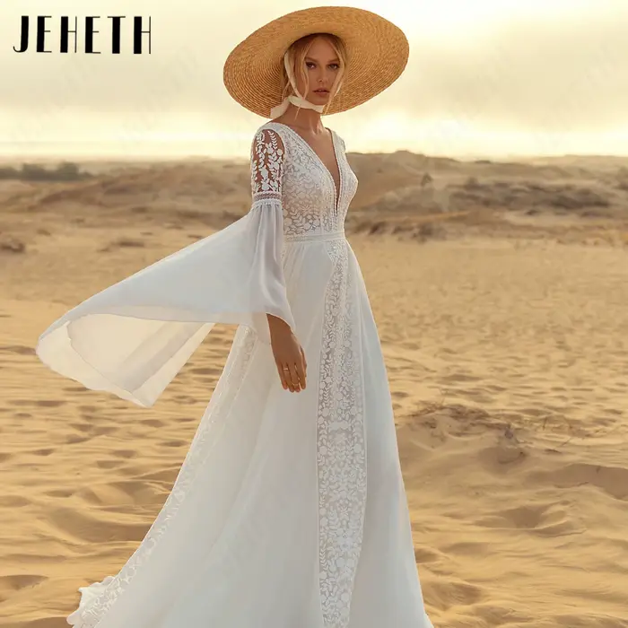 JEHETH Chiffon Scoop Princesse Robes de mariée complètes Flare manches A-Line Modeste Pinceau Train Robe