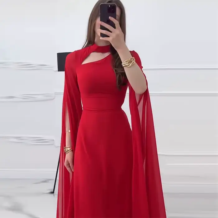 Robe longue femmes robes de soirée col rond pétales manches une ligne à lacets Sexy longueur de plan