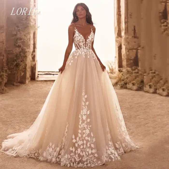 LORIE luxe 3D dentelle une ligne robe de mariée col en V dos nu robes de mariée Spaghetti sangle rob