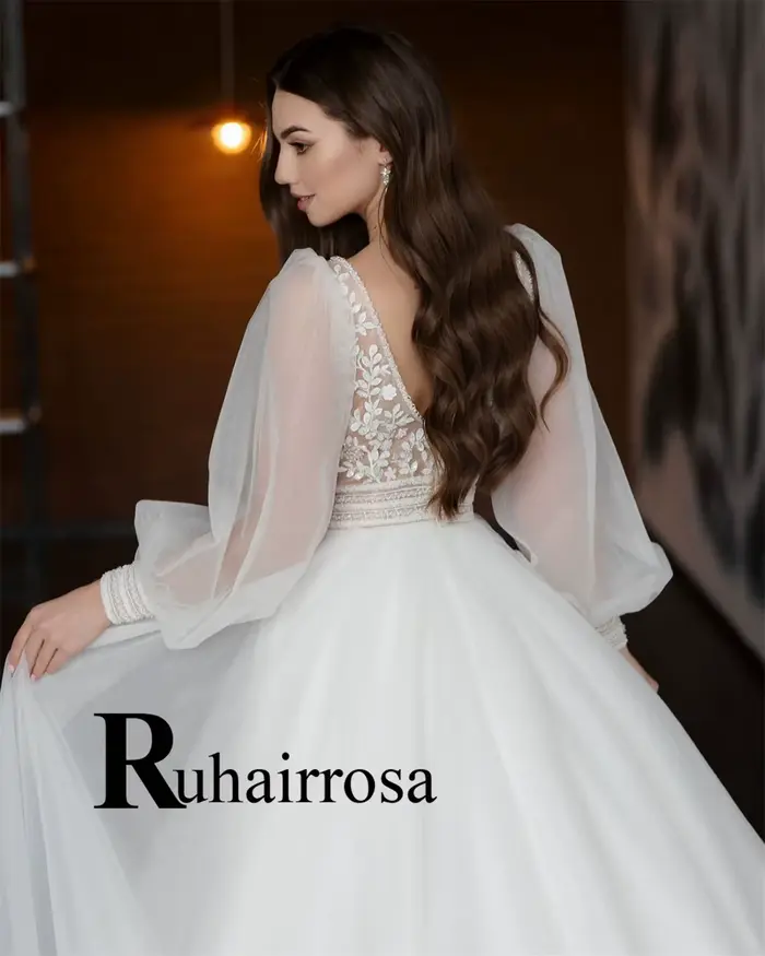Robe de Mariée Bohème Ruhair Rosa Blanche Ivoire Champagne avec Manches Bouffantes Appliques Perles Dos Nu Occasions Spéciales