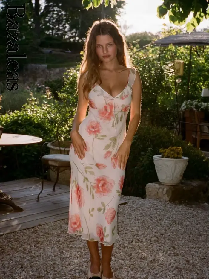 Robe Bazaleas mi-longue à imprimé floral rose, col en V, sangles, sans manches, pour femmes, occasions spéciales, été