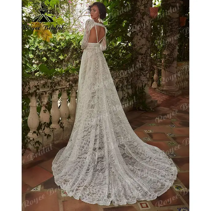 Robe de mariée en dentelle bohème à manches longues pour femmes