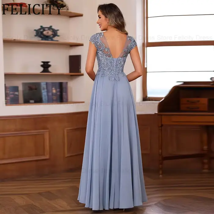 Robe de cérémonie élégante personnalisée Felicity en mousseline de soie pour mère de la mariée, coupe trapèze, col rond, appliques, robe de soirée pour invités de mariage occasions spéciales