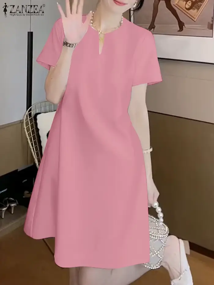 Robe en polyester ZANZEA élégante col en V à manches courtes pour femmes, occasions spéciales et quotidienne